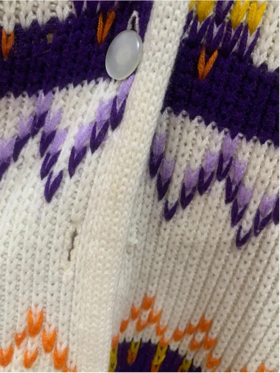 Vntg 70’s Women's White Purple yellow patterned Fringe Poncho Sweater OSFM - Picture 2 of 5